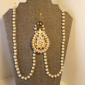 Pink Panache Pendant Necklace Faux Pearl Iridescent Crystals